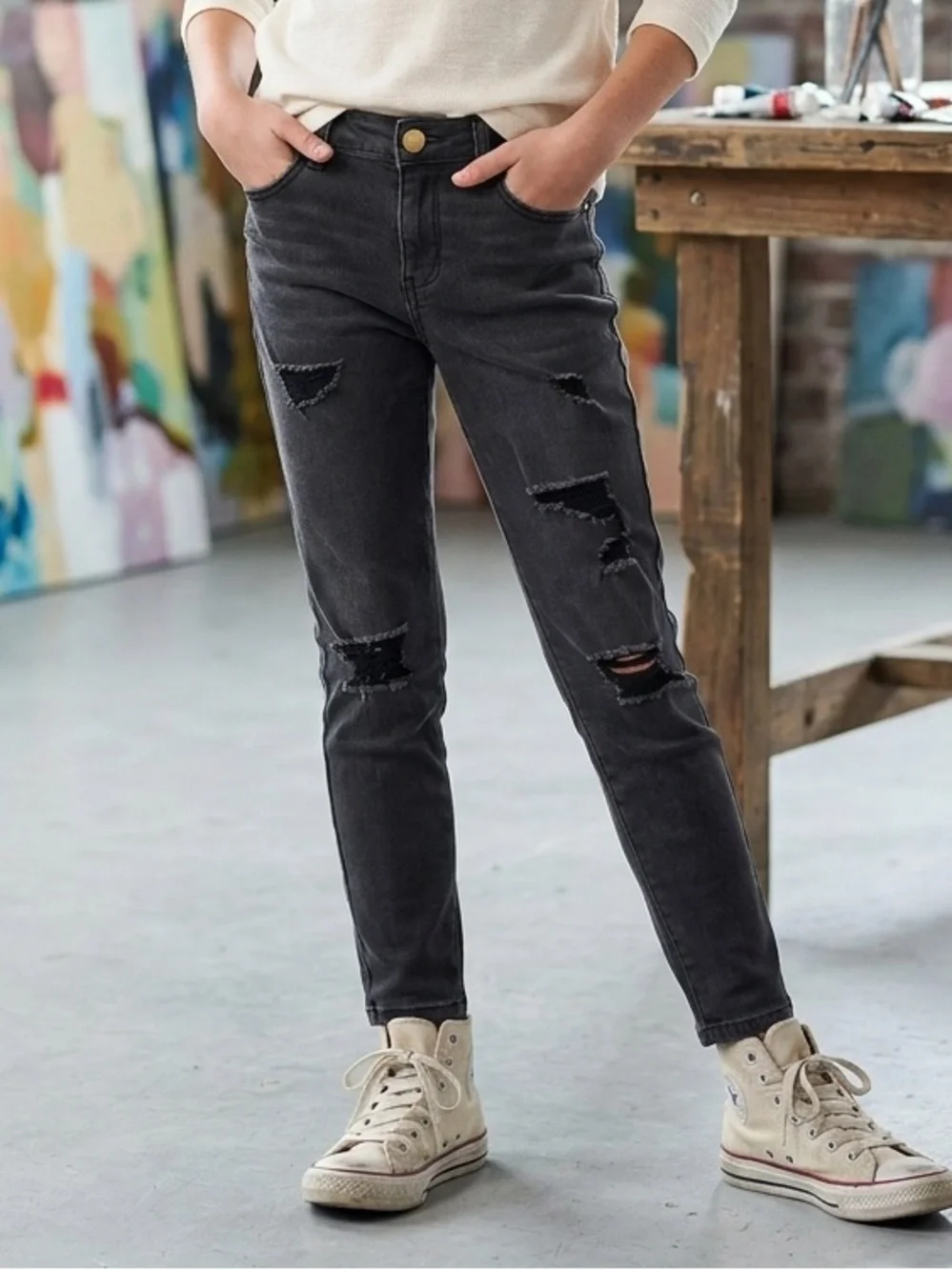 ART CLASS Distressed Skinny Jeans Grunge Washed Black Patched Rips size 10‎